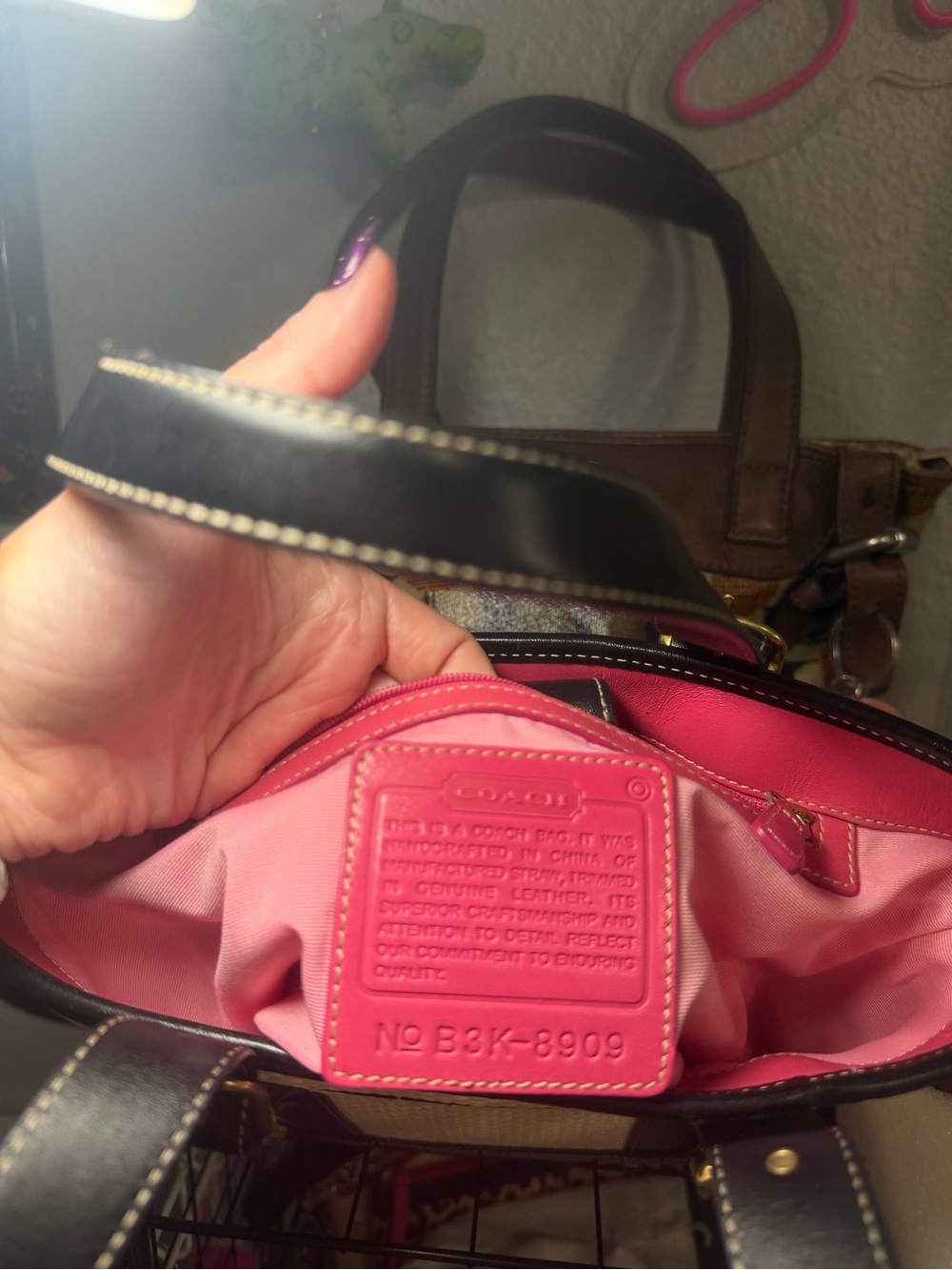 Vintage 2003 Coach Straw Basket Tote Bag Black Leather Trim Pink Lining B3K-8909 - Picture 2 of 8